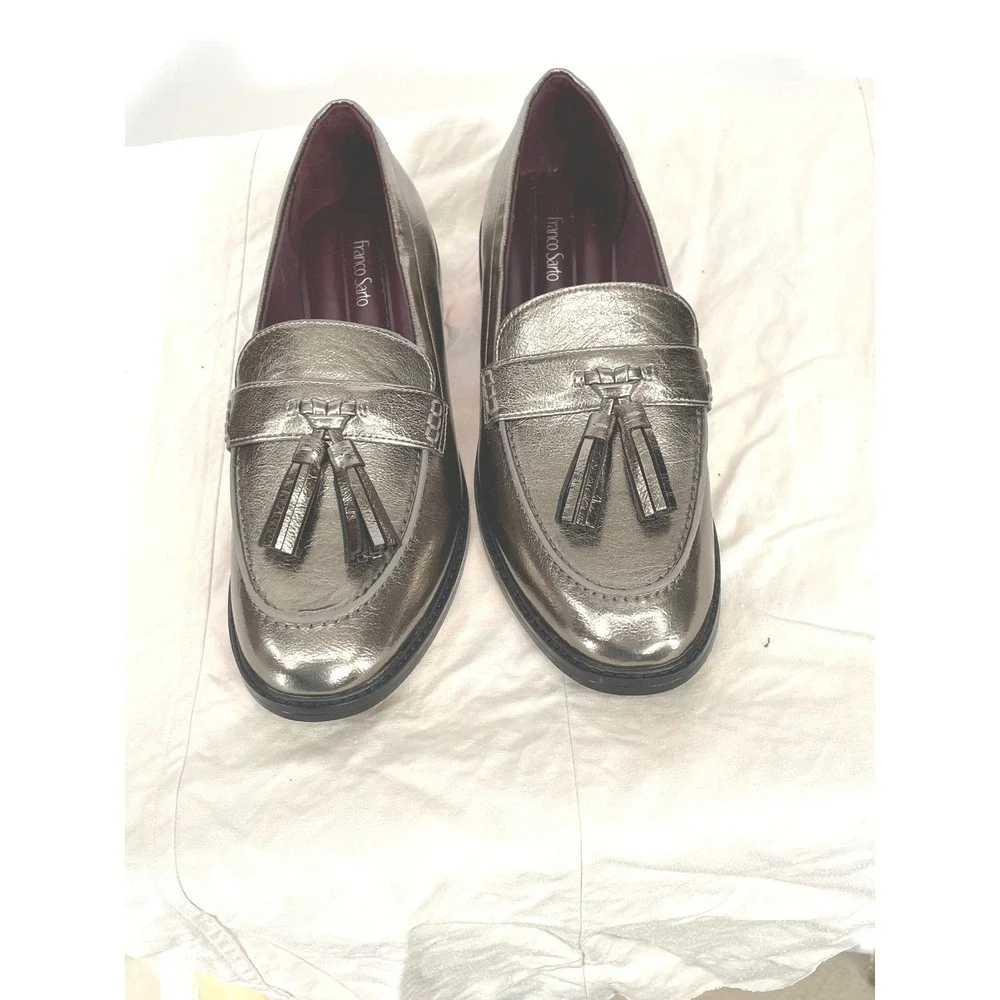 Franco Sarto Womens Shoes 9.5M Carolyn Low Pewter Metallic Tassel Loafer